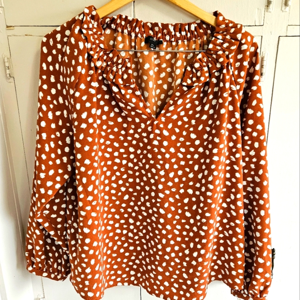 J. Crew Rust and White Polka Dot Blouse